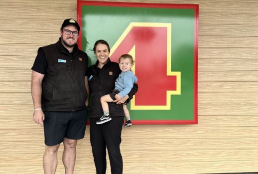 Four Square Mahora owner operator Scott Iskowicz with partner Stephanie Tidey and son Ollie.