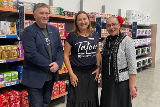Chris Quin - Chief Executive of Foodstuffs North Island, Lara Dolan - Chief Executive of Mangere Budgeting Services and Jenny Salesa - MP for Panmure-Otahuhu at the opening of Tatou, South Auckland's first social supermarket.