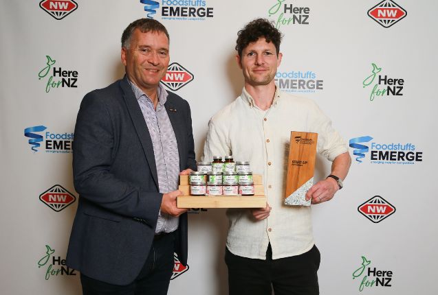 Foodstuffs North Island CEO Chris Quin and Adam McConnochie, last year’s start-up award winner.