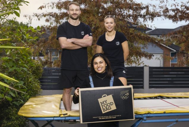 New Zealand trampolinists Dylan Schmidt and Maddie Davidson and My Food Bag Co-Founder Nadia Lim.